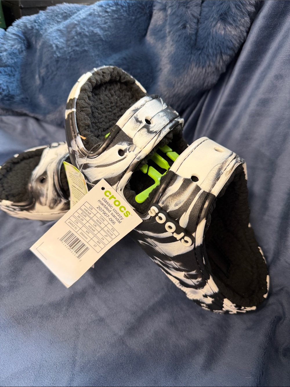 CROCS Marble Black & White Lined Clog with Neon Green Accent